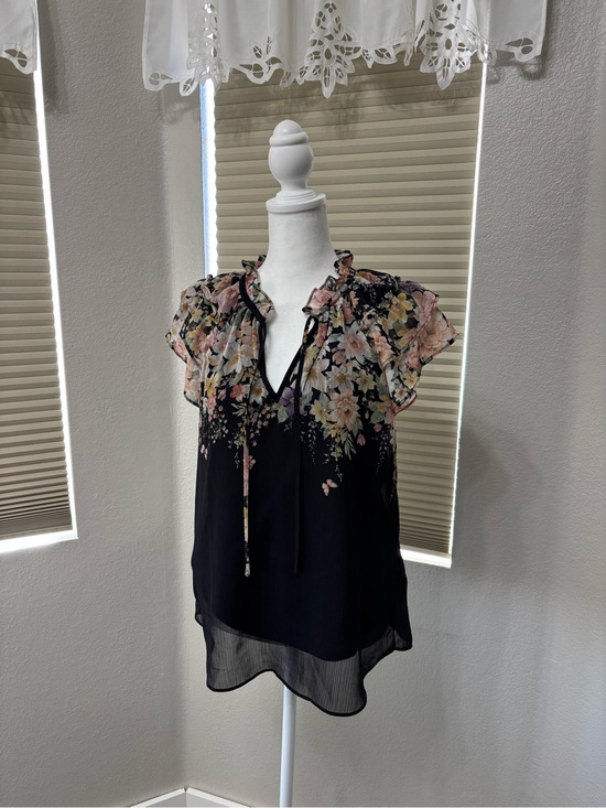 Joie Tops - Joie Black Floral Chiffon Ruffle Tie Neck Blouse